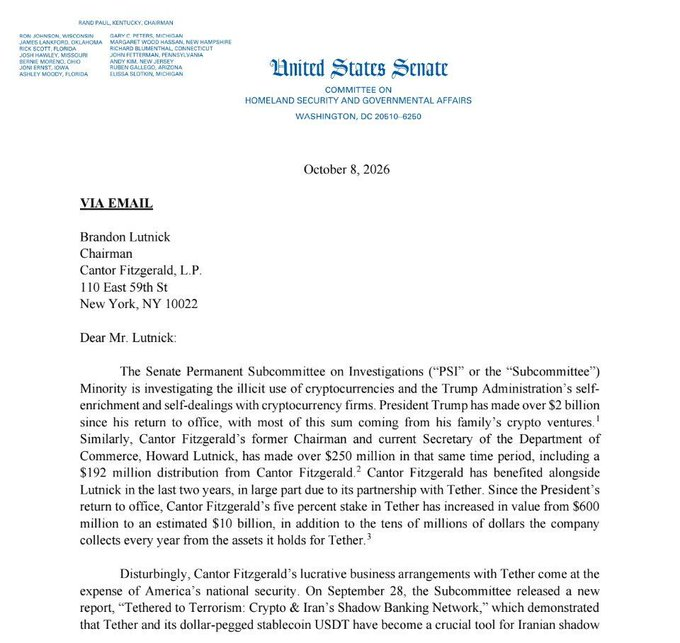 A letter from the United States Senate Committee on Homeland Security and Governmental Affairs, dated October 8, 2026, addressed to Brandon Lutnick regarding investigations into the Trump Administration's cryptocurrency dealings.