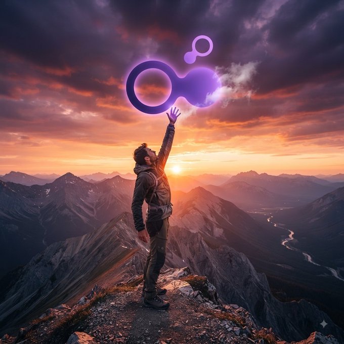 Digital artwork of a man standing on a mountain peak at sunset, reaching toward a glowing purple symbol floating in the sky.