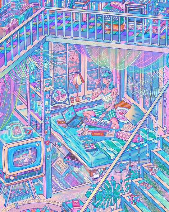 A pastel vaporwave-style illustration shows a girl with blue hair and headphones sitting on a loft bed, working on a laptop and synthesizer amid a cozy room filled with plants, books, and a retro CRT TV — evoking a dreamy, retro-tech "gm" morning vibe.