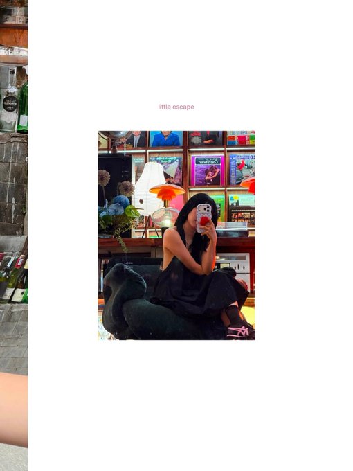 A photograph with the text 'little escape' at the top shows a young woman in a black dress sitting on a dark animal-shaped chair, taking a mirror selfie in what appears to be a music or record store.