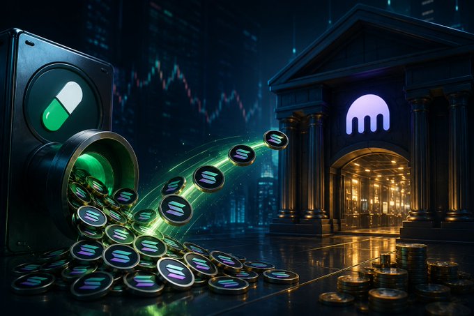A digital illustration depicting crypto coins and tokens flowing out of a vault toward a classical bank building, symbolizing crypto versus traditional finance.