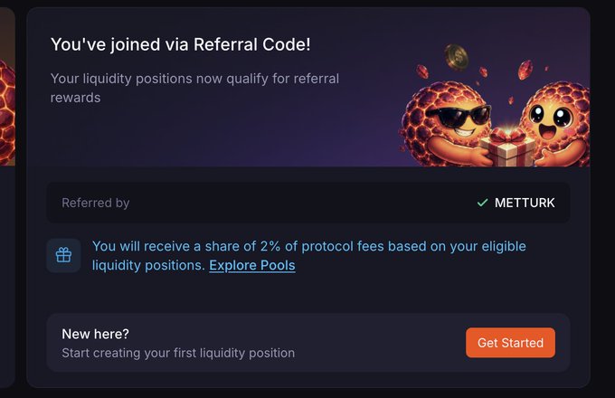 The image displays a "You've joined via Referral Code!" confirmation screen, showing that the user has been referred by "METTURK" and will receive a 2% share of protocol fees based on eligible liquidity positions, with an option to "Get Started" on creating a first liquidity position. The accompanying post explains this visual by announcing that the DAO has joined the @MeteoraAG referral staking program using Metturk's referral code as an early step toward revenue generation.