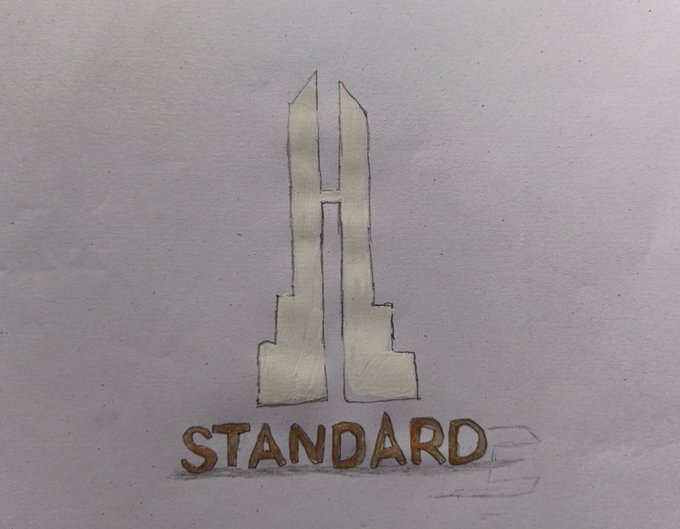 A hand-drawn logo sketch on paper featuring a stylized metallic 'H' with the word 'STANDARD' written in gold/brown underneath it.