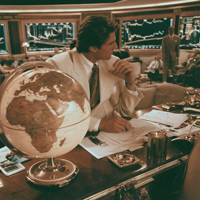 A man in a white suit sits at a desk with a large vintage globe, writing with a pen in what appears to be a trading floor with stock charts visible on screens behind him.