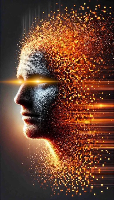A digital art profile of a man's face with glowing orange eyes, where the back of his head is dissolving into a swarm of orange and red pixelated particles and horizontal light streaks.