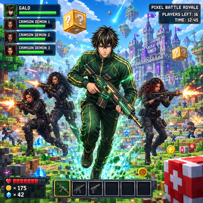A video game-style image labeled "PIXEL BATTLE ROYALE" showing an anime-style male character in a green tracksuit holding a glowing green assault rifle, flanked by three female characters in tactical gear, with UI elements showing health, ammo, and "PLAYERS LEFT: 16".