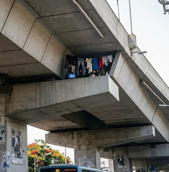 The image shows an overpass with clothes hanging from it, including several pieces of clothing such as shirts and pants. The clothes are hung using clothespins or hangers, which are attached to a metal beam that spans across the bridge. A bus is parked on the street below the overpass, and there are also some posters visible in the scene. The post includes text that reads "after years in market, i finally afford a house."