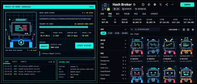 A split-screen interface shows a "Hash Broker" mining dashboard featuring stats like 0/49 rigs, 35.9 MH/s hashrate, and an RTX 3070 GPU earning ~$17.58 daily, alongside a marketplace displaying Hash Cats #169, #184, #76, and #121 priced at 0.146 ETH each. The image supports the post's pitch for the Hash Cats mining platform, highlighting how PC users can passively earn crypto profits through GPU mining without active trading.