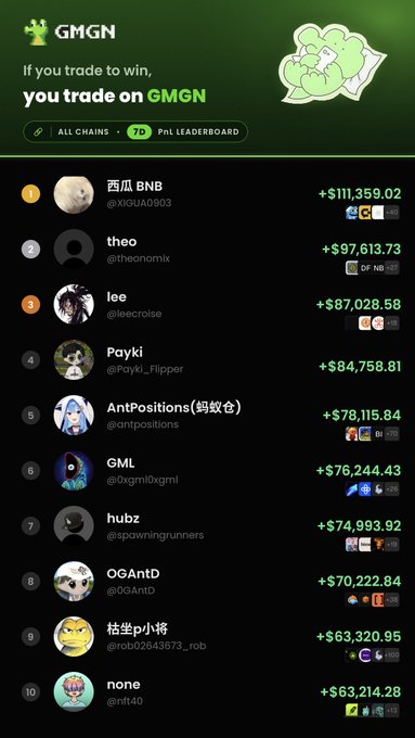 A GMGN leaderboard displays the top 10 traders with rankings, usernames, and profit figures, led by 西瓜 BNB at +$111,359.02.