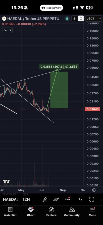 A TradingView chart of HAEDAL/USDT shows a potential breakout from a descending channel, with a projected target of 0.03558 (a 207.67% gain) marked by a green rectangle. The post's hope for "multi x from here" aligns with the displayed projection suggesting over 2x upside if the breakout occurs.