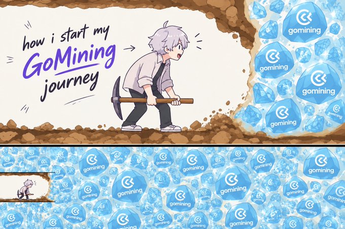An anime-style illustration titled 'how i start my GoMining journey' shows a character mining blue 'GoMining' branded gems with a pickaxe, set against a panel filled with similar gems.