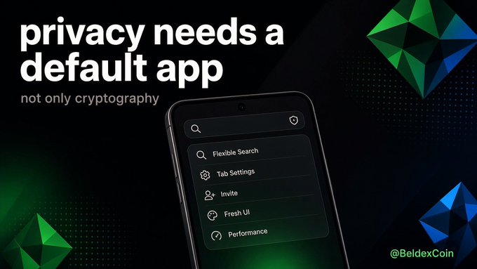 An advertisement for Beldex with the text 'privacy needs a default app, not only cryptography' showing a phone interface with menu options.