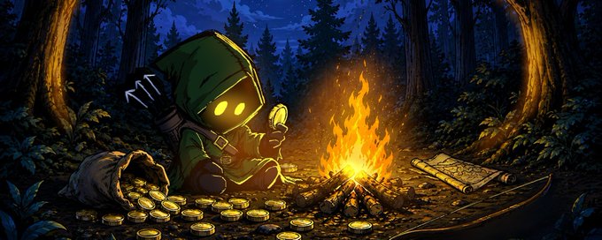 A stylized digital illustration of a hooded character with glowing yellow eyes roasting a marshmallow over a campfire, surrounded by a pile of gold coins in a dark forest setting.