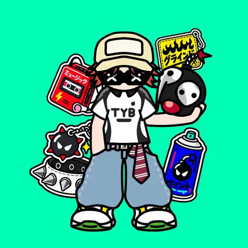 A cartoon illustration of a character wearing a beige cap, white 'TYB' t-shirt, tie, and baggy jeans, holding a mask, surrounded by stickers including a boombox, cat, and spray can with Japanese text on a bright green background.