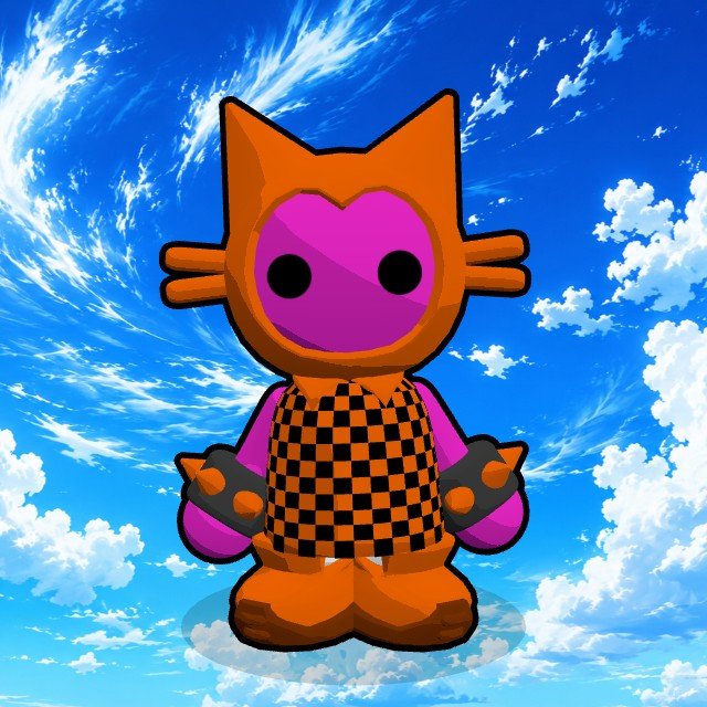 An illustrated cartoon cat-like character with an orange body, large purple eyes, and a black-and-orange checkered shirt standing against a bright blue sky with white clouds.