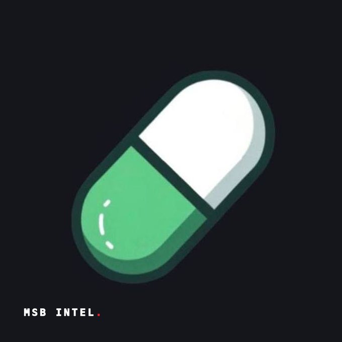 A stylized green and white pill capsule on a dark background with "MSB INTEL." text in the lower left, likely symbolizing a "pill" or "dose" of breaking crypto news. The image accompanies breaking intel that pump.fun's 24h protocol fees ($1.5M) surpassed Uniswap V3's ($1.3M).