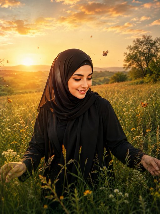A smiling woman wearing a black hijab and long-sleeved top stands in a field of wildflowers during golden-hour sunset, with butterflies flying around her.