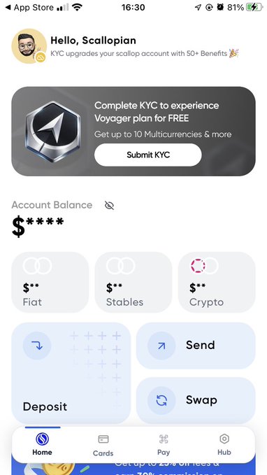 A mobile crypto wallet app screenshot greeting 'Hello, Scallopian' with a KYC upgrade prompt, Voyager plan offer, and account balance sections for Fiat, Stables, and Crypto.