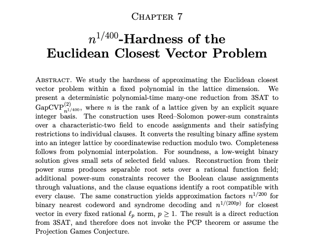 The image shows the opening page of Chapter 7, titled "n^(1/400)-Hardness of the Euclidean Closest Vector Problem," which presents a deterministic polynomial-time many-one reduction from 3SAT to GapCVP_(n^(1/400)) with rank n, using Reed-Solomon power-sum constraints over a characteristic-two field. This relates to the post by demonstrating new hardness results for CVP in lattice cryptography, providing additional security guarantees for lattice-based systems like Nightstream's zkVM.