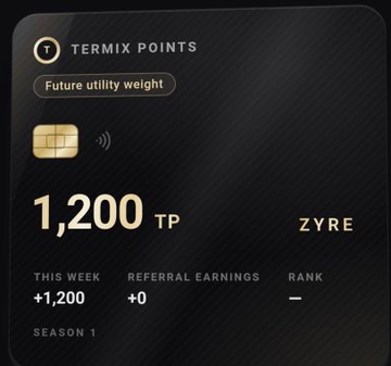 A digital dashboard displaying TermiX Points (TP) showing a balance of 1,200 TP in a Zyre account with a Season 1 weekly earnings tracker.