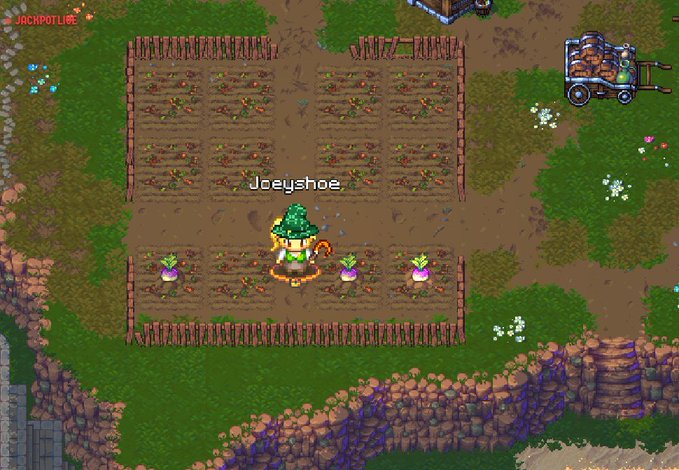A top-down pixel art farming game scene showing a character named 'Joeyshoe' tending to a crop field with beetroots and eggplants, with 'JACKPOT LIVE' in the top-left corner.