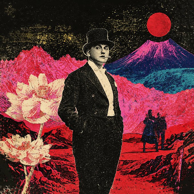 A collage featuring a man in a top hat and suit smoking a cigarette against a vibrant background of pink mountains, a blue volcano, and a red sun.