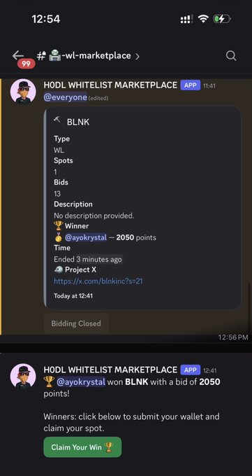 A Discord notification from "HODL" shows @ayckrok won a bid for a Blnk INC whitelist spot with 2,050 points against 13 other bidders, with a green "Claim Your Win" button to claim the spot. The image visually confirms the post's claim about winning a whitelist bid at that exact point cost and competition level.