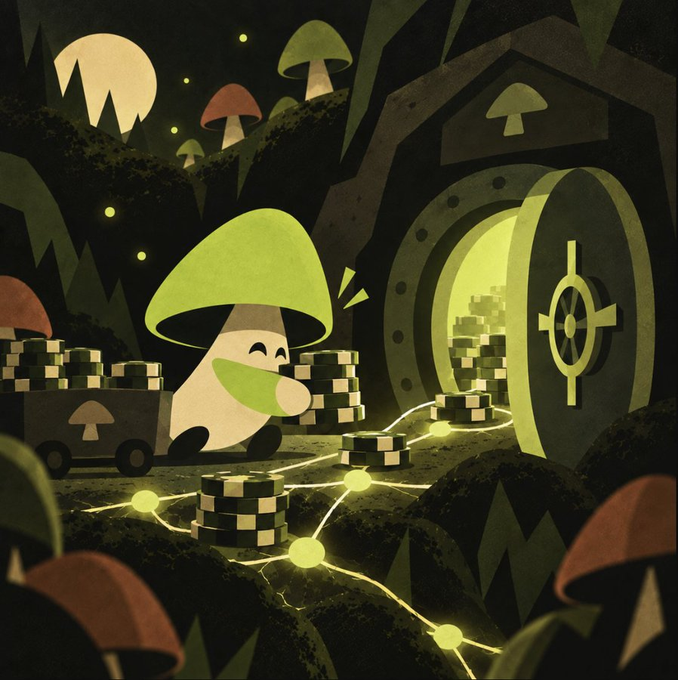 A whimsical digital illustration of an anthropomorphic green mushroom character with a long nose pushing a mine cart full of coins toward a large glowing vault door in a dark, glowing forest setting.