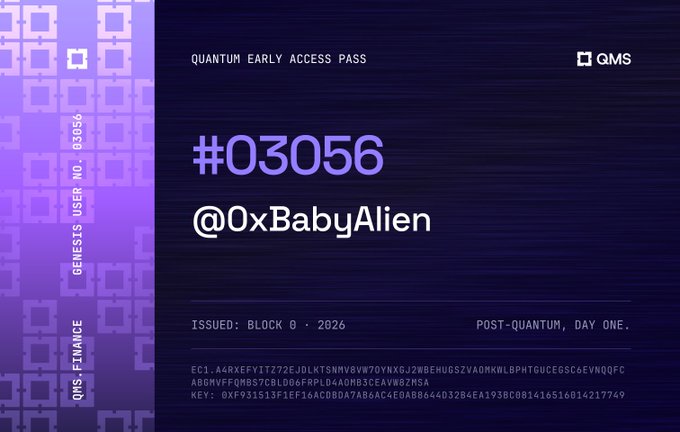 A purple digital 'Quantum Early Access Pass' card for QMS Finance with Genesis User No. 03056, issued Block 0 2026, containing a cryptographic key.