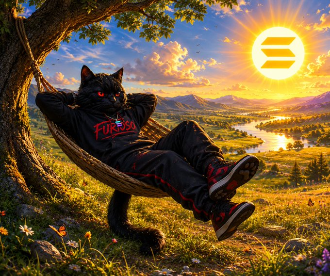 The image features a cat lounging in a hammock, with a sunset in the background. The caption reads "GM Happy Friday. Stay patient. Keep building. The market rewards those who never quit." This message seems to be related to the cryptocurrency world and the concept of patience and perseverance when it comes to investing or building something valuable over time.