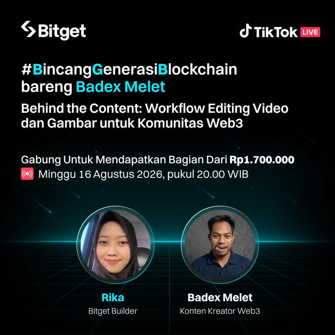 The image is a promotional graphic for a TikTok LIVE event titled "#BincangGenerasiBlockchain bareng Badex Melet," featuring hosts Rika (Bitget Builder) and Badex Melet (Konten Kreator Web3), with the topic "Behind the Content: Workflow Editing Video dan Gambar untuk Komunitas Web3," offering a prize of Rp1.700.000 on Minggu 16 Agustus 2026 at 20.00 WIB.
