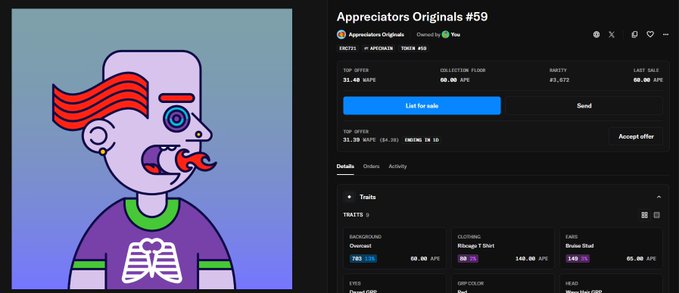 The image features a graphic design of an animated character with purple hair wearing a purple shirt. The text "Appreciators Originals #59" is displayed, along with a description of the character's appearance. The image also includes a link to a website that provides information about the race and offers a leaderboard for the main prize in the race.