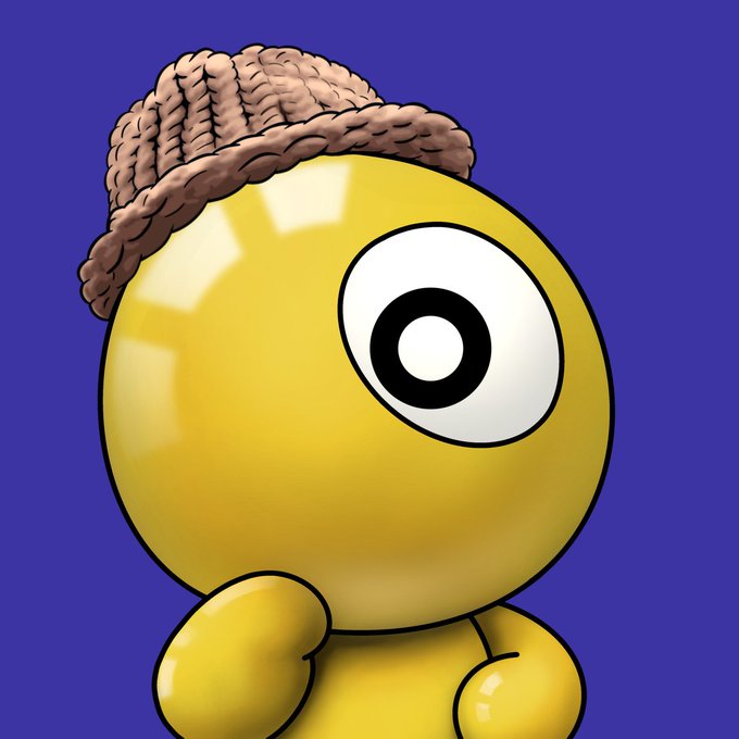 A yellow, spherical character with a single ring-shaped pupil and a brown knit beanie ("WIF Hat") pops against a purple background, matching the Quantum #2517 NFT described as gold with a matte finish and ring pupil in the accompanying post.