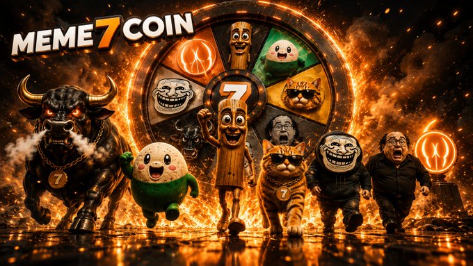 A fiery promotional image for 'MEME7COIN' featuring a lineup of meme characters including a bull, a green creature, a wooden figure, a cat, and a trollface, with a wheel of fortune in the background showing the number 7.