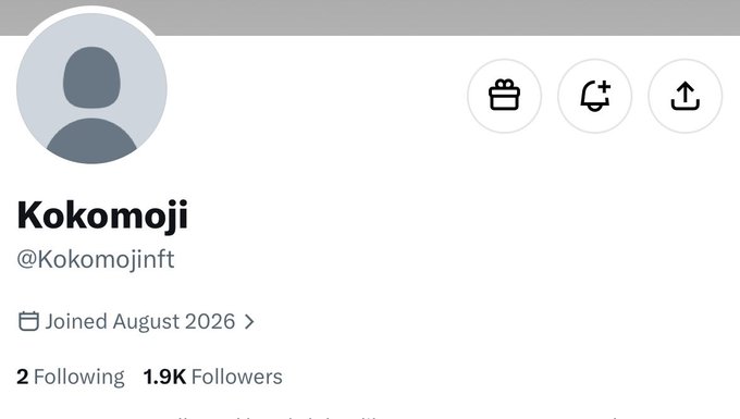 A social media profile for 'Kokomoji' (@Kokomojinft) showing it joined August 2026 with 2 Following and 1.9K Followers.