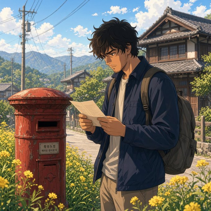 An anime-style illustration of a young man with messy black hair reading a letter beside a weathered red Japanese postbox, with traditional houses and mountains in the background.