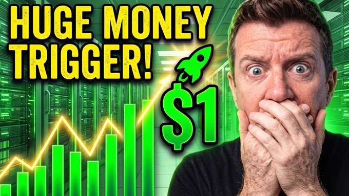 YouTube-style thumbnail with the text 'HUGE MONEY TRIGGER!' and '$1' featuring a shocked man in front of a green data center background with a rising bar chart and rocket icon.
