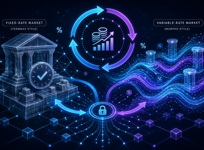 A futuristic digital illustration contrasts a "FIXED-RATE MARKET (TERMMAX STYLE)" depicted as a classical bank building with a clock on the left, against a "VARIABLE-RATE MARKET (MORPHO STYLE)" shown as flowing neon waves on the right, with circular arrows and a padlock symbol connecting them to illustrate the capital flywheel integration described in the post.