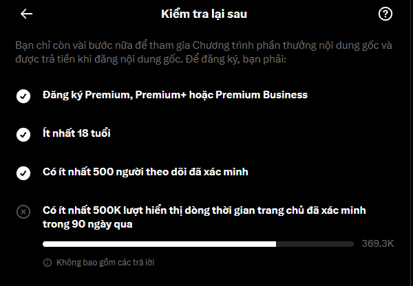 A Vietnamese-language app screen titled 'Kiểm tra lại sau' displays a checklist with checkmarks for Premium subscription, being 18+, and 500 verified followers, while the 500K views requirement shows a progress bar at 369.3K.
