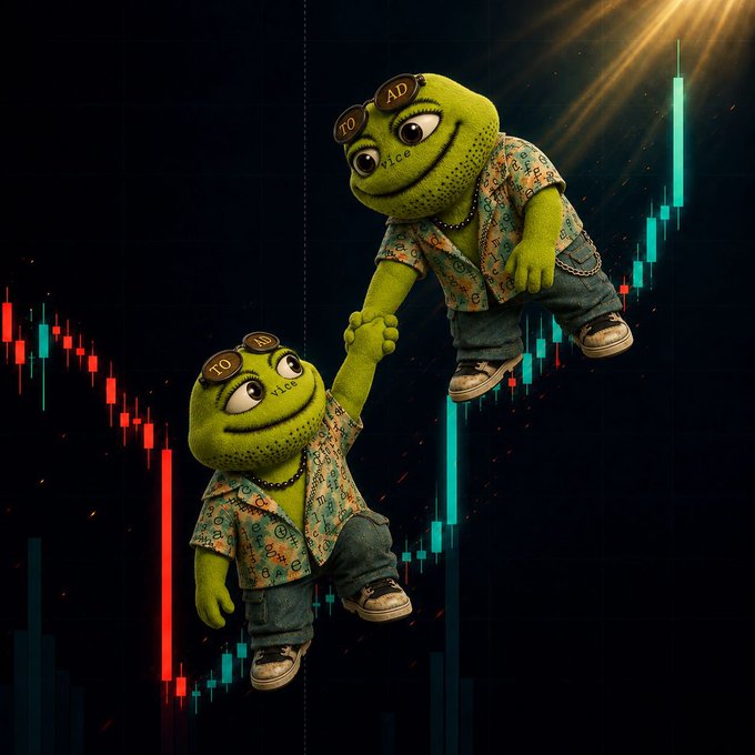 Two green frog characters wearing shirts with 'TO AD VICE' tokens and streetwear pull each other up against a backdrop of red and green candlestick charts.