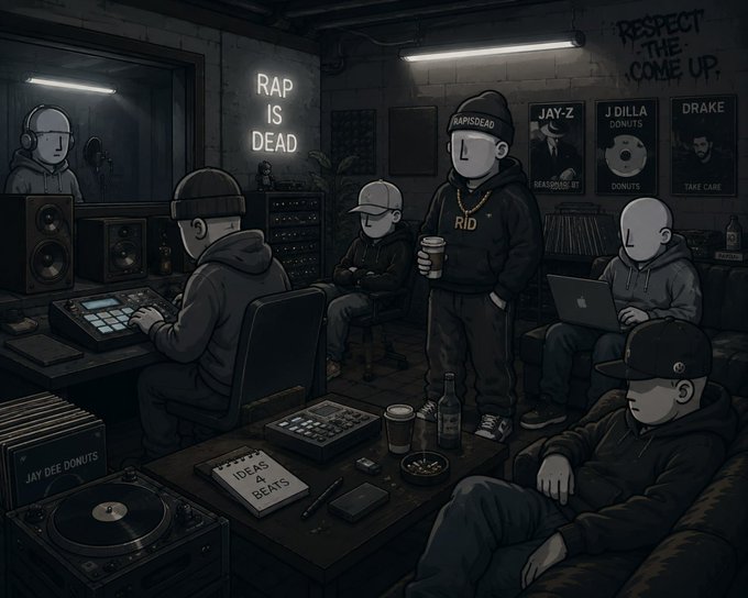 Dark cartoon illustration of a hip-hop recording studio with figures in hoodies and caps, featuring neon text 'RAP IS DEAD', 'RESPECT THE COME UP', and posters of Jay-Z, J Dilla, and Drake.