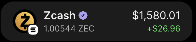A crypto wallet widget displaying Zcash (ZEC) with a balance of 1.00544 ZEC, valued at $1,580.01 with a daily gain of +$26.96 shown in green.