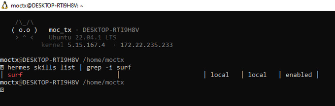 A black terminal window for user 'moctx' on Ubuntu 22.04.1 LTS running the command 'hermes skills list | grep -i surf' which returns a local skill entry.