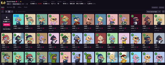 A screenshot of the Magic Eden NFT marketplace displaying the "Quick Heads" collection, showing 36 NFTs with prices around 0.488 SOL, a 24-hour volume of 0.488 SOL (-3.39%), and a floor price of 4.7 SOL. The image illustrates the Vietnamese poster's point about their Quack Quack NFT investment, where they bought at 1 SOL per NFT when SOL was $120, and now the NFT is valued at ~0.5 SOL with SOL at $72, effectively representing a price drop to one-third of their original purchase value.