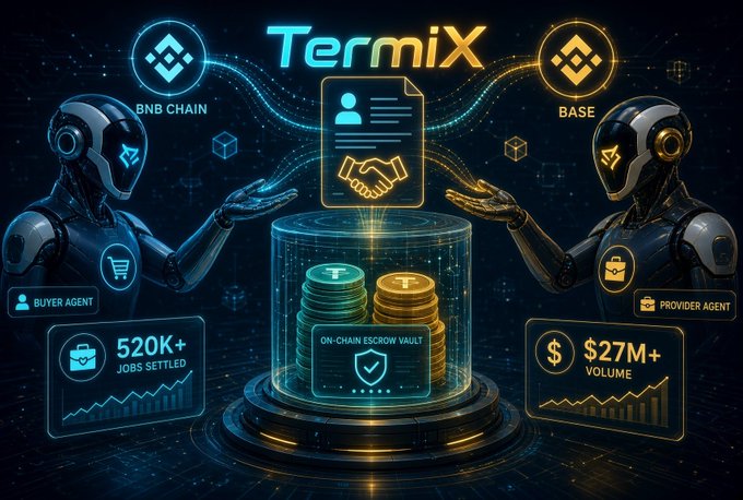 A futuristic graphic for "TermiX" showing a Buyer Agent and Provider Agent connecting via BNB Chain and Base to an on-chain escrow vault, noting 520K+ jobs settled and $27M+ volume.