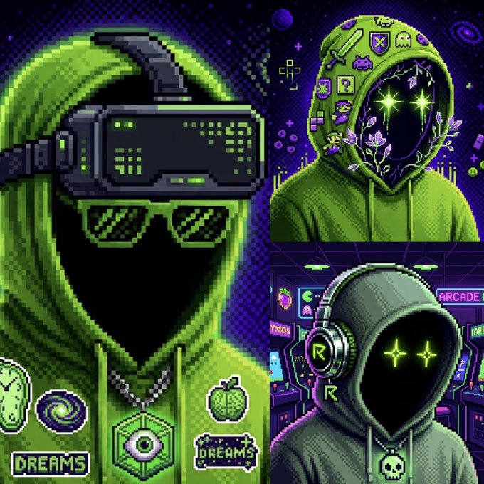 A pixel art collage featuring three hooded figures in green: one wearing a VR headset, one with starry eyes and decorative elements, and one with glowing star eyes and headphones in an arcade setting, with "DREAMS" text at the bottom.