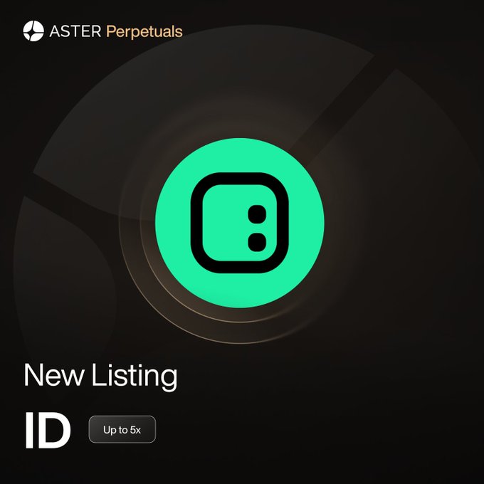 The image shows a black background with a green circle containing two dots inside of it. Below this image, there is text that reads "New listing: ID" followed by an explanation about the new listing feature for the ID. The text also mentions that the feature can be used up to 5x leverage and that users should earn 1.2 trading points until June 30, 23:59 UTC.
