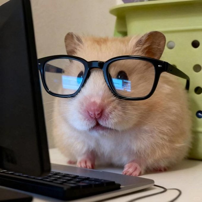 An adorable hamster wearing black-framed glasses sits at a laptop, with screen reflections visible in the lenses.