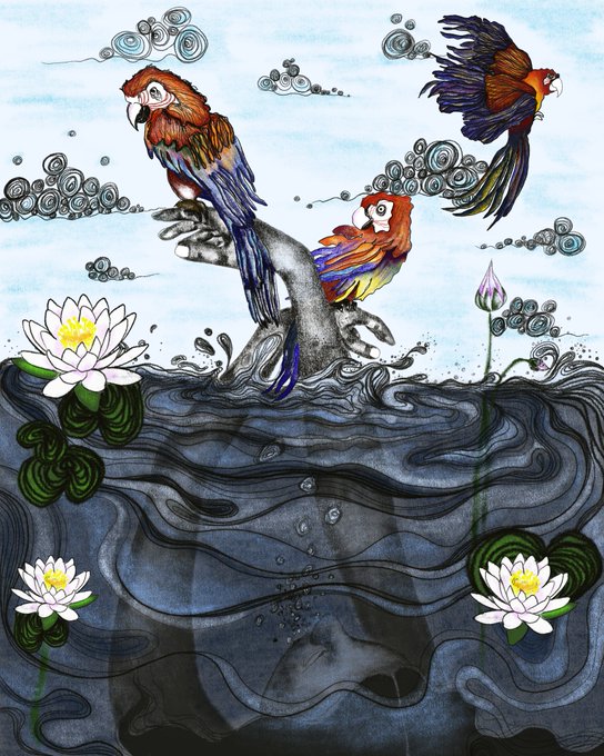 A vibrant illustration depicts three colorful parrots perched on and flying above swirling dark waters adorned with white lotus flowers, representing the artwork titled "The Memory of Flight." The flowing water patterns and airborne bird visually embody the piece's themes of flight, reflection, and dynamic movement through nature.