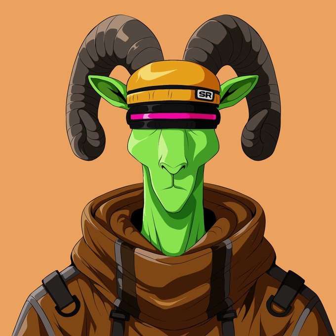 A stylized digital illustration portrays a green-faced character with large black ram horns, wearing an orange beanie marked 'SR' with a pink visor, against a solid orange background.